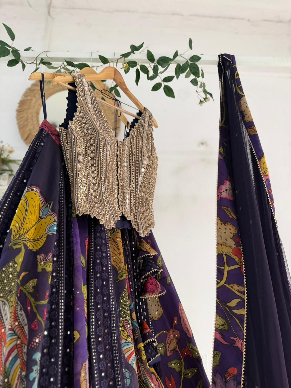 Purple Kalamkari Chikankari Lehenga