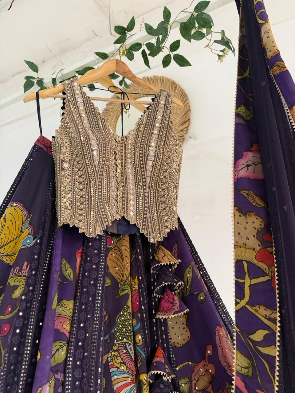 Purple Kalamkari Chikankari Lehenga