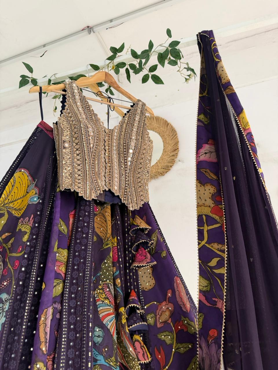 Purple Kalamkari Chikankari Lehenga
