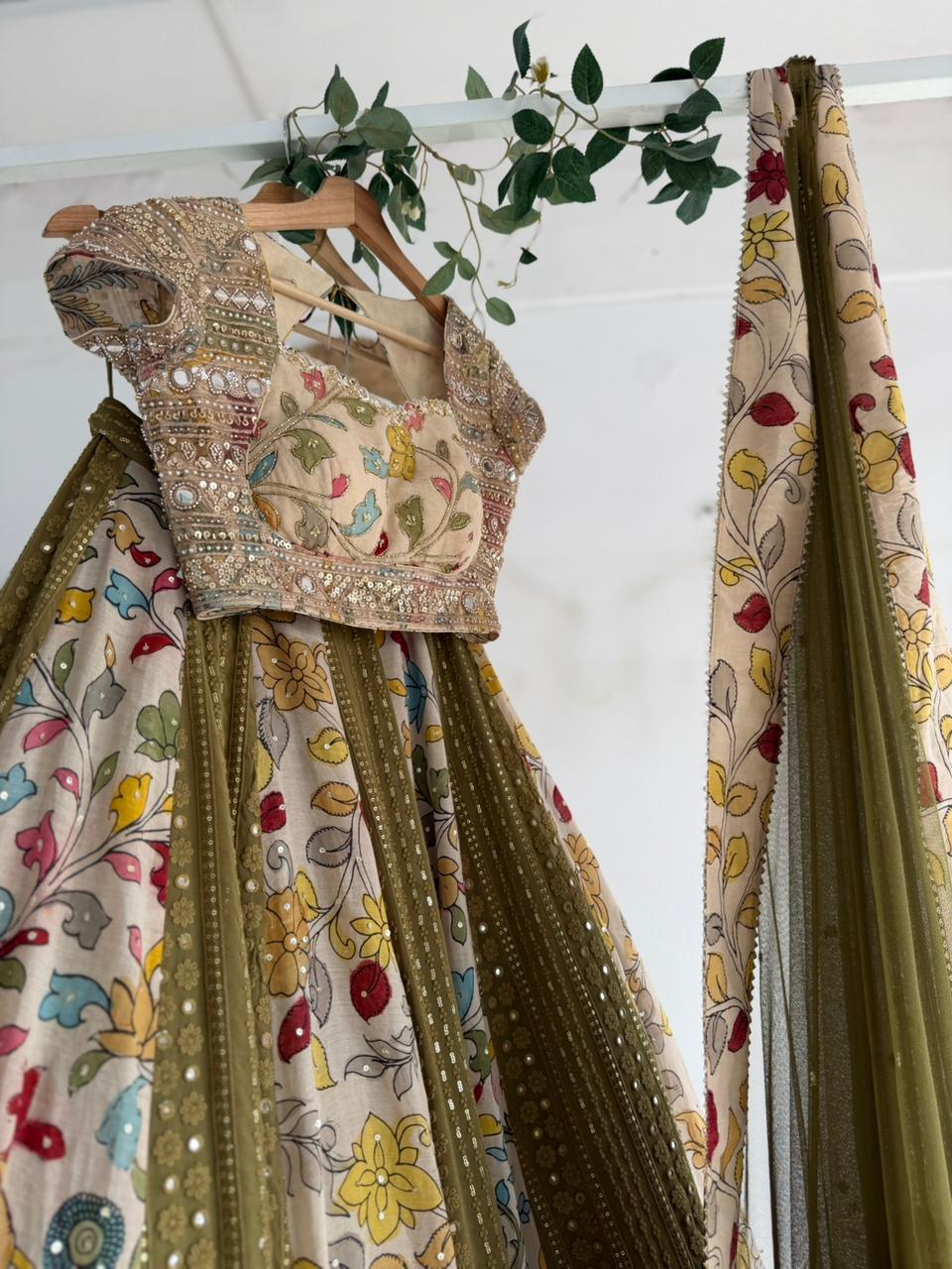 Mehndi Kalamkari Chikankari Lehenga