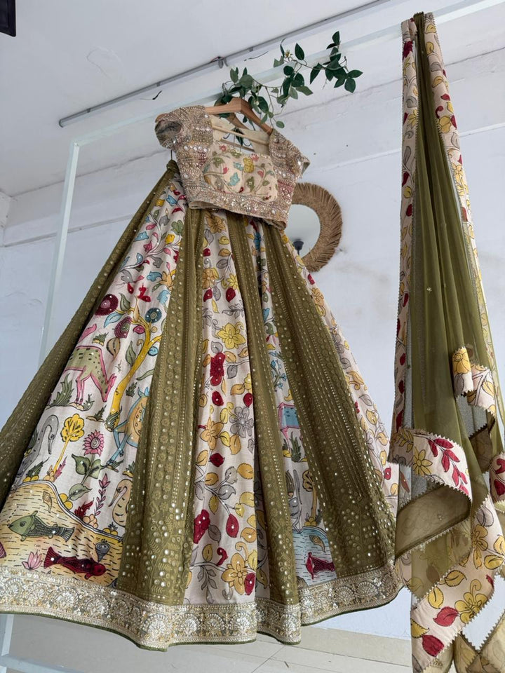 Mehndi Kalamkari Chikankari Lehenga