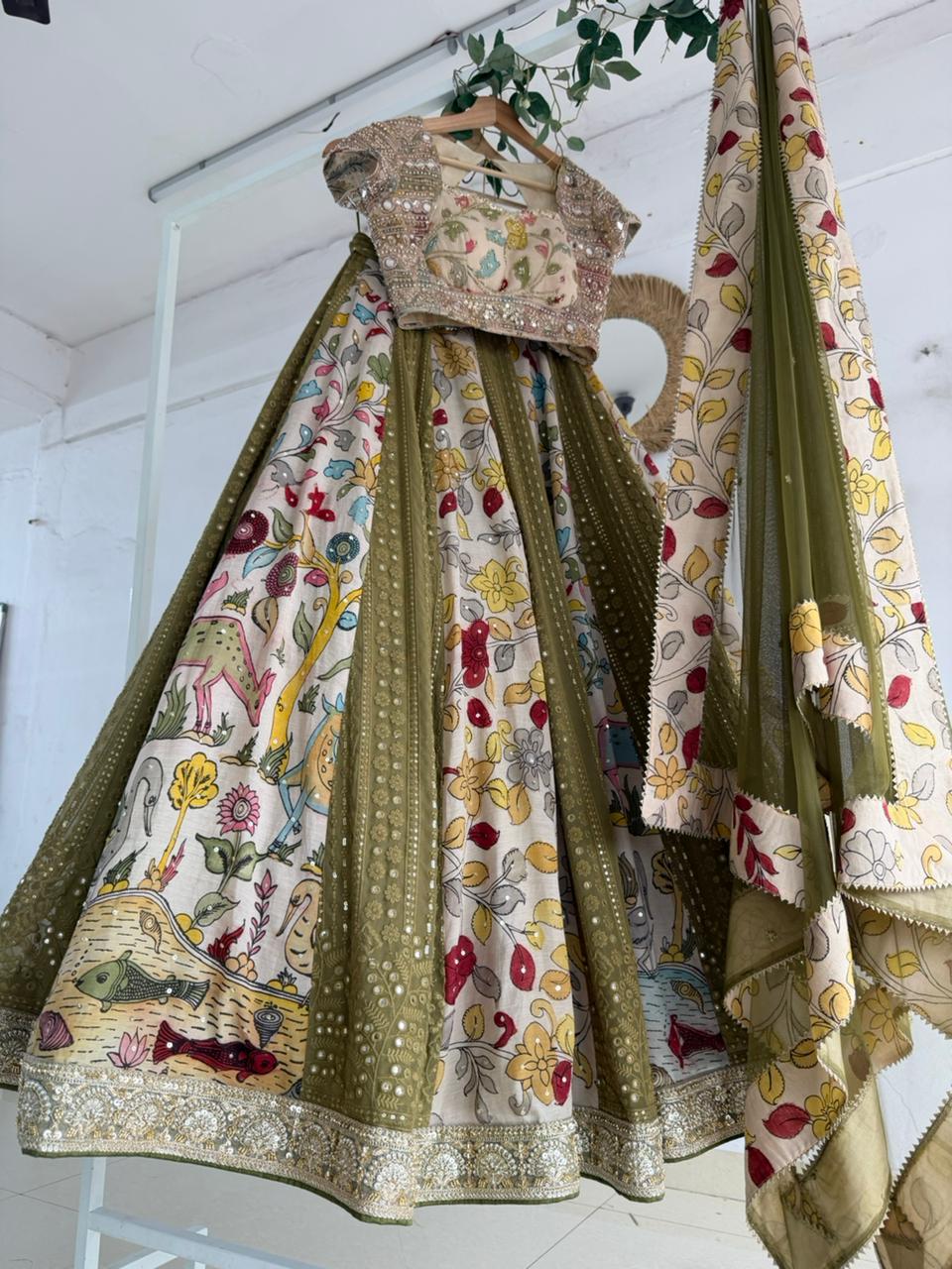 Mehndi Kalamkari Chikankari Lehenga