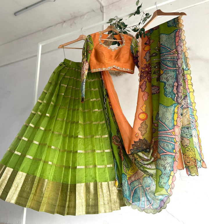 Green & PeachishOrange Organza Kalamkari Lehenga