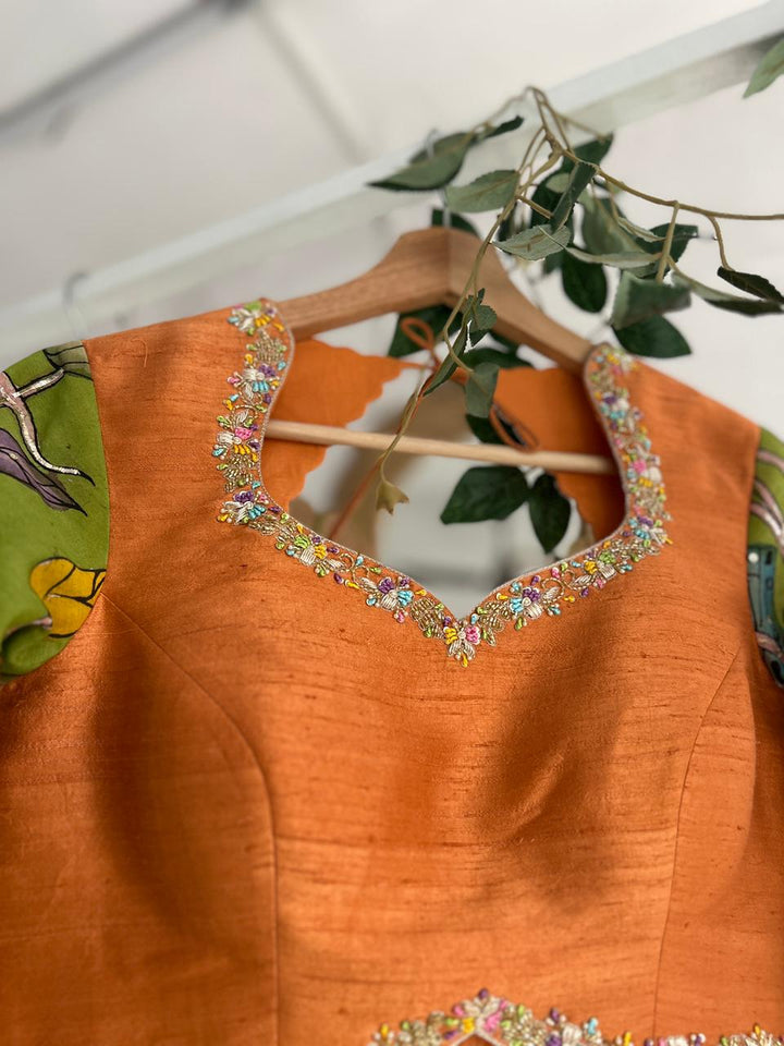 Green & PeachishOrange Organza Kalamkari Lehenga