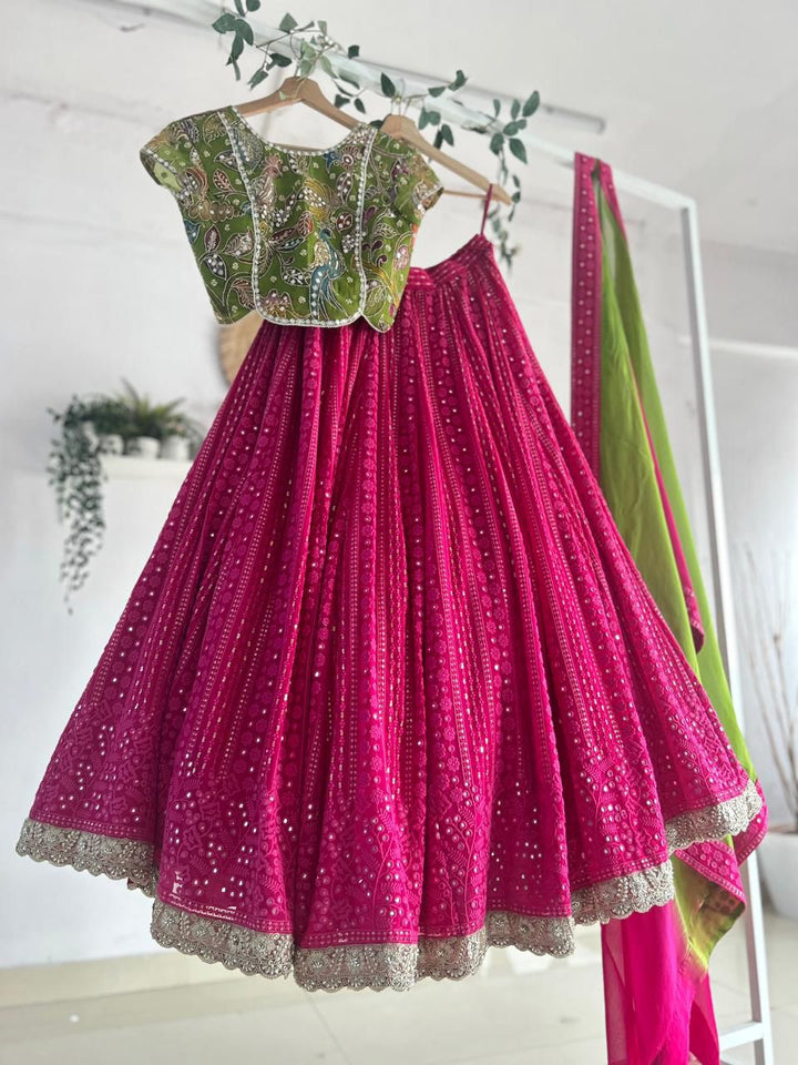 Green and Pink Kalamkari Chikankari Lehenga
