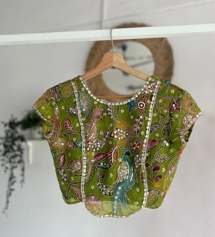 Green and Pink Kalamkari Chikankari Lehenga