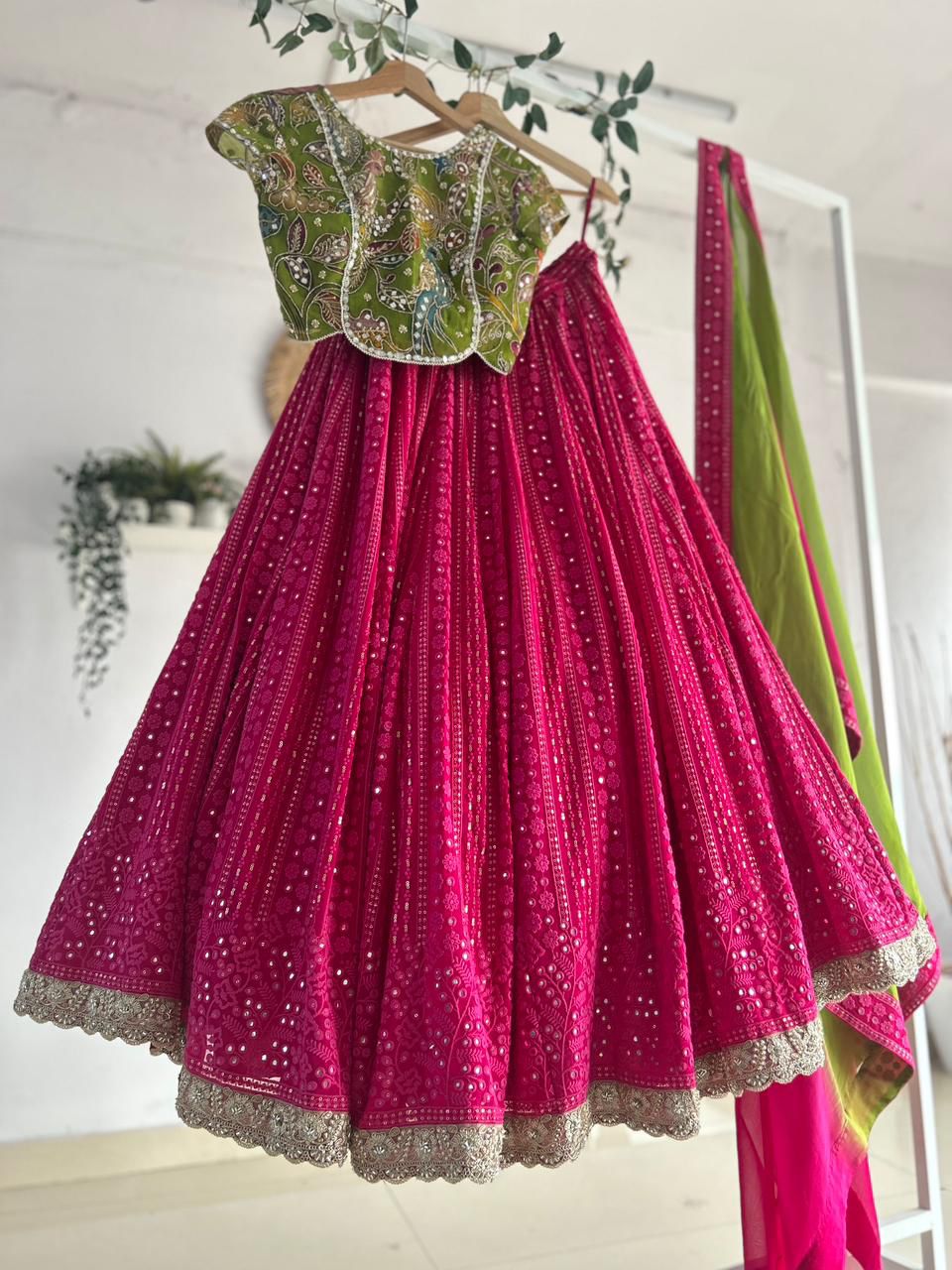 Green and Pink Kalamkari Chikankari Lehenga