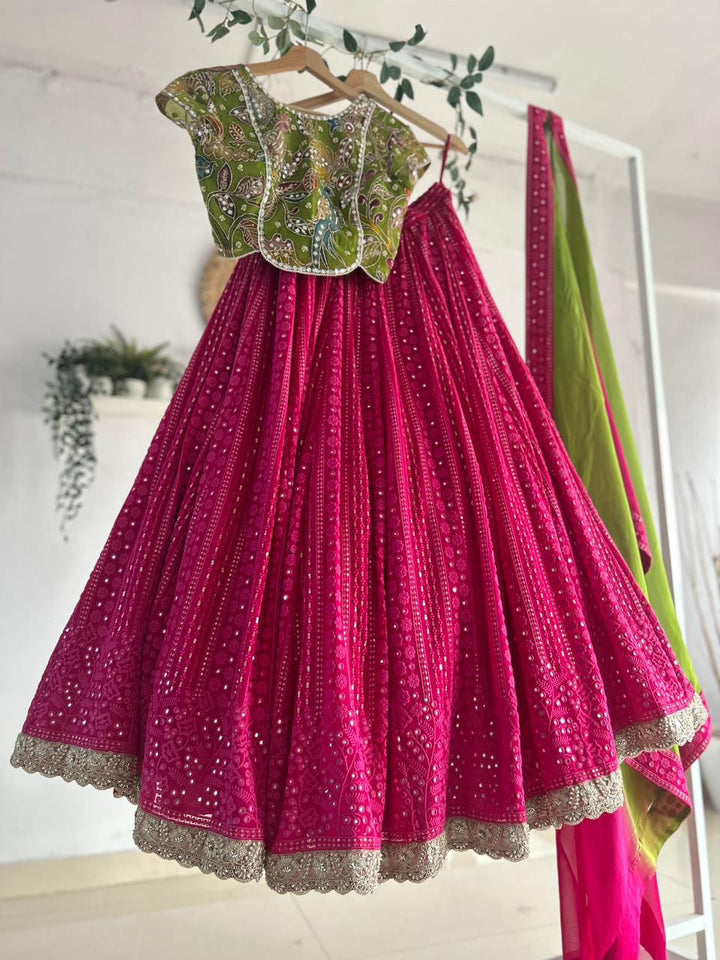 Green and Pink Kalamkari Chikankari Lehenga