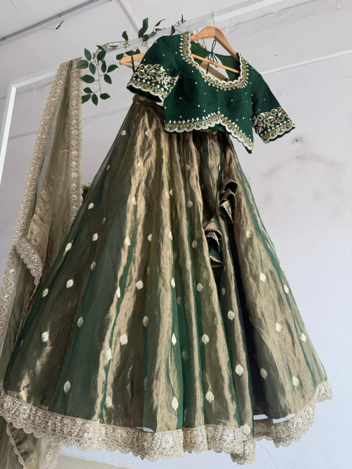 Bottle Green Tissue Pleated Lehenga