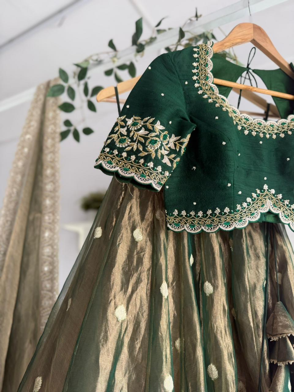 Bottle Green Tissue Pleated Lehenga