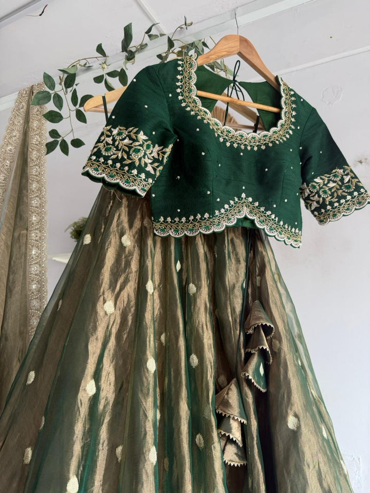 Bottle Green Tissue Pleated Lehenga