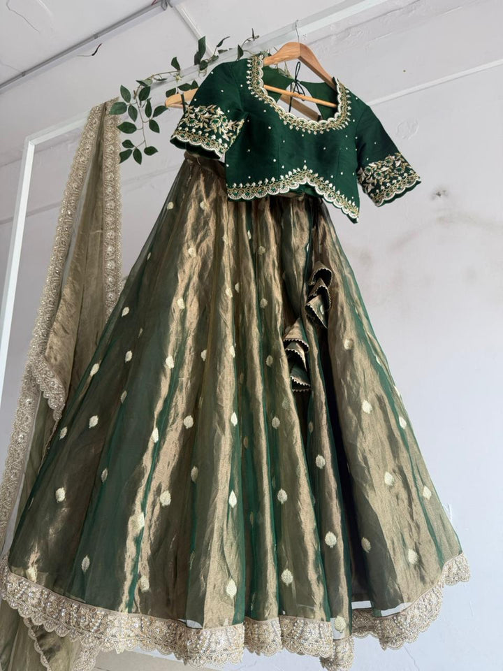 Bottle Green Tissue Pleated Lehenga
