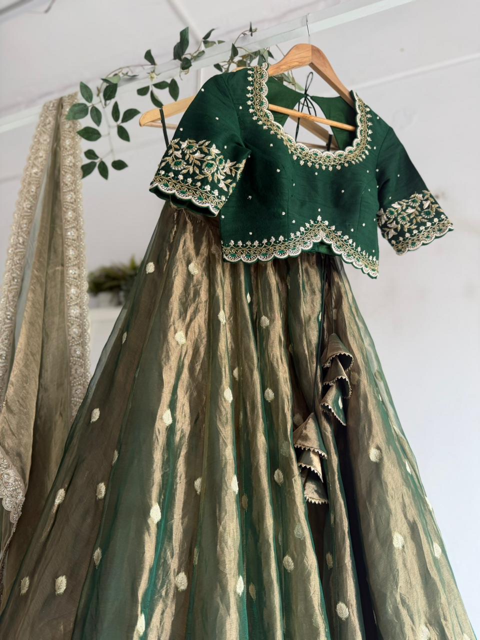 Bottle Green Tissue Pleated Lehenga