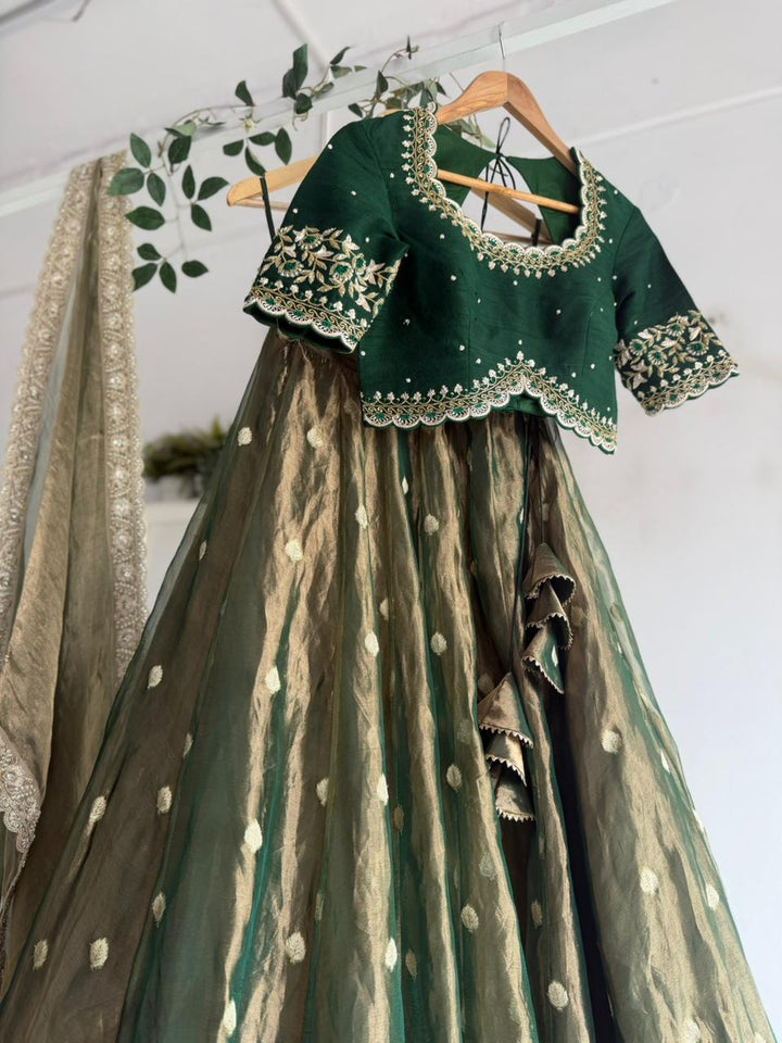 Bottle Green Tissue Pleated Lehenga