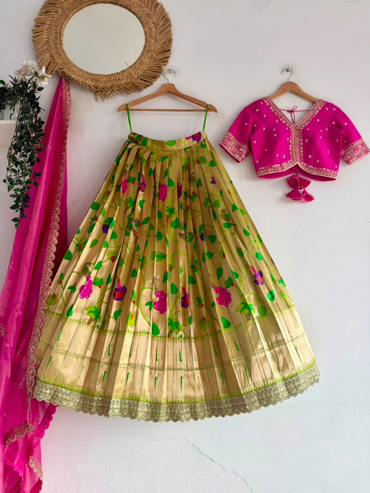 Pink & Green Paithani Silk Lehenga