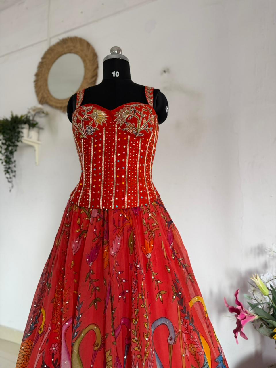 Rust Orange Pen Kalamkari Silk Lehenga