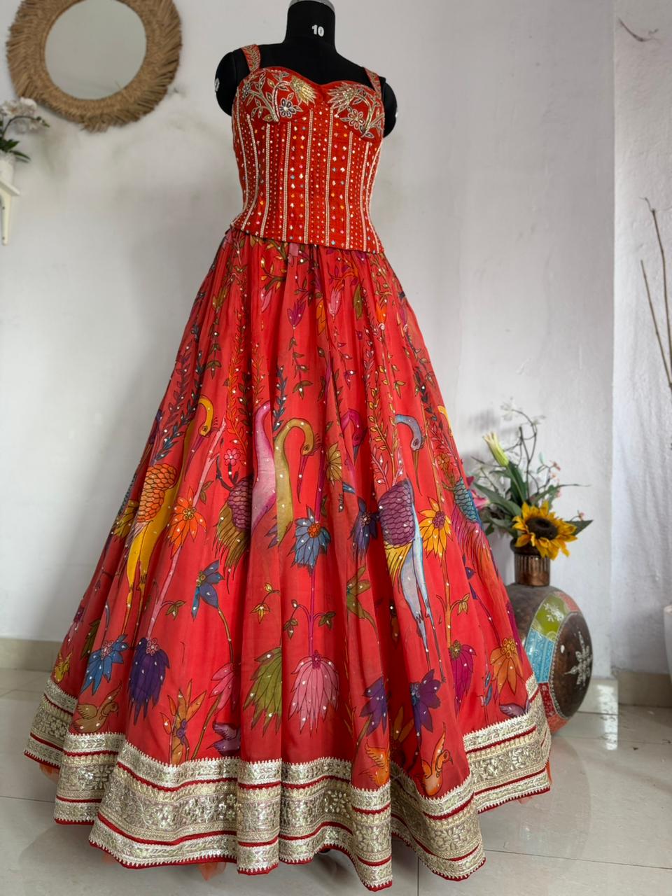 Rust Orange Pen Kalamkari Silk Lehenga