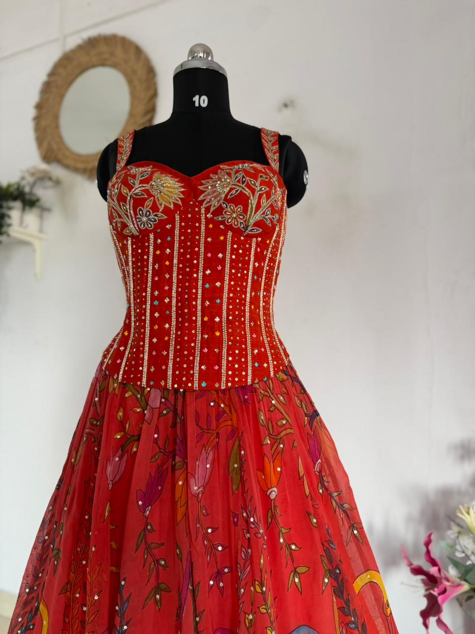 Rust Orange Pen Kalamkari Silk Lehenga