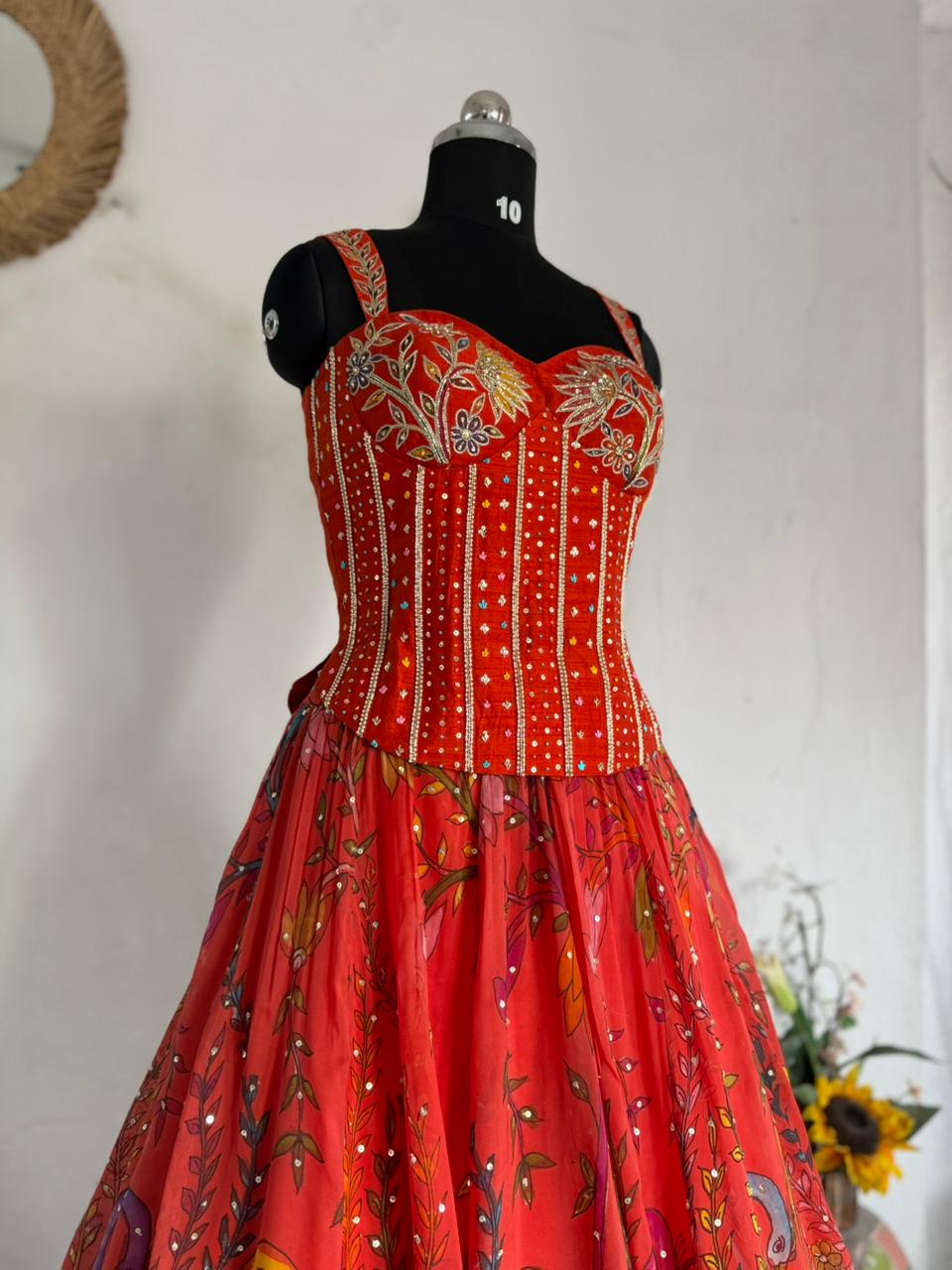 Rust Orange Pen Kalamkari Silk Lehenga