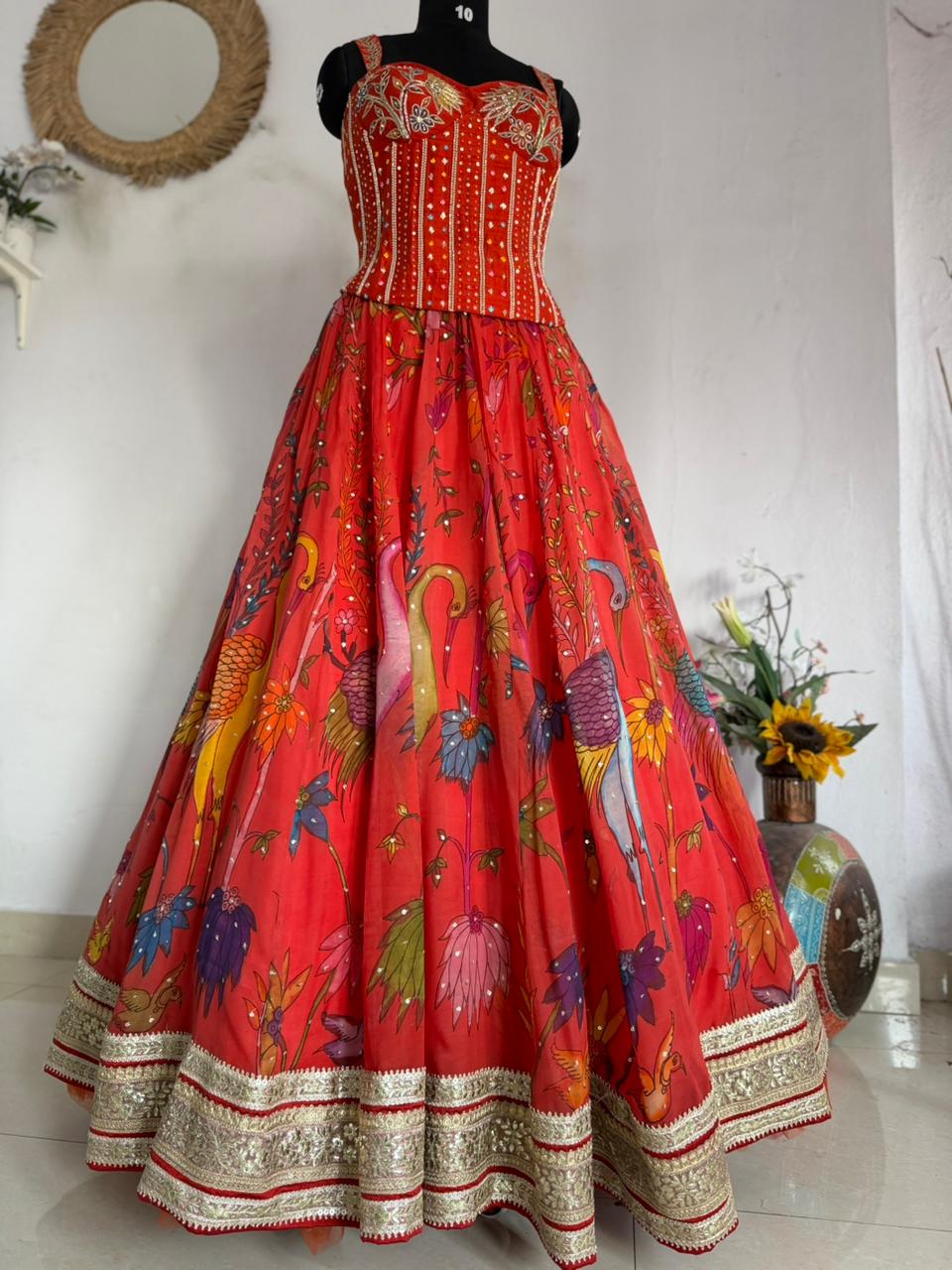 Rust Orange Pen Kalamkari Silk Lehenga