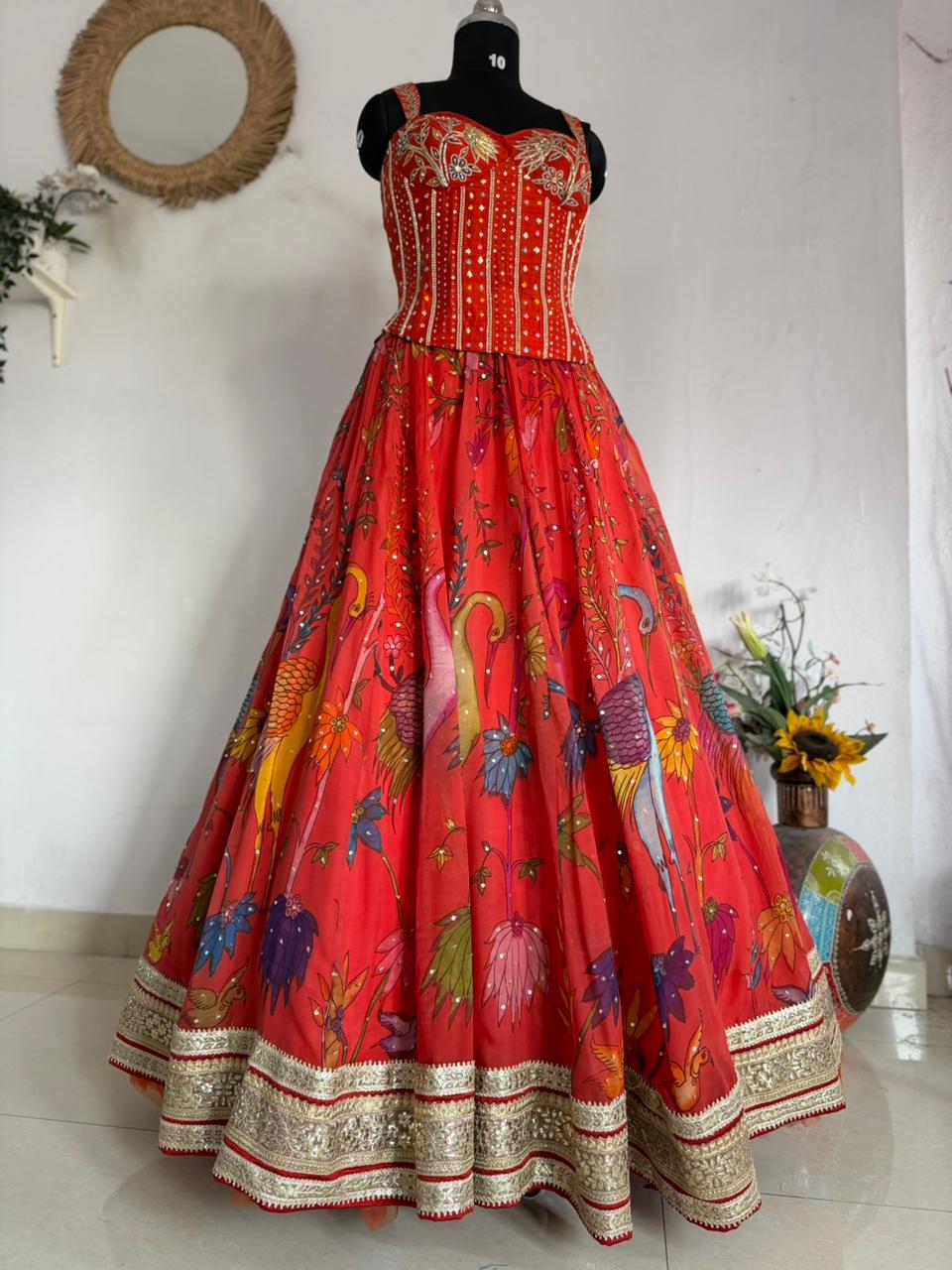 Rust Orange Pen Kalamkari Silk Lehenga