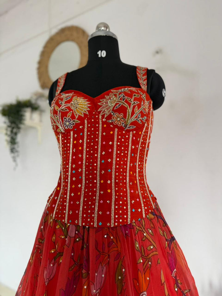 Rust Orange Pen Kalamkari Silk Lehenga