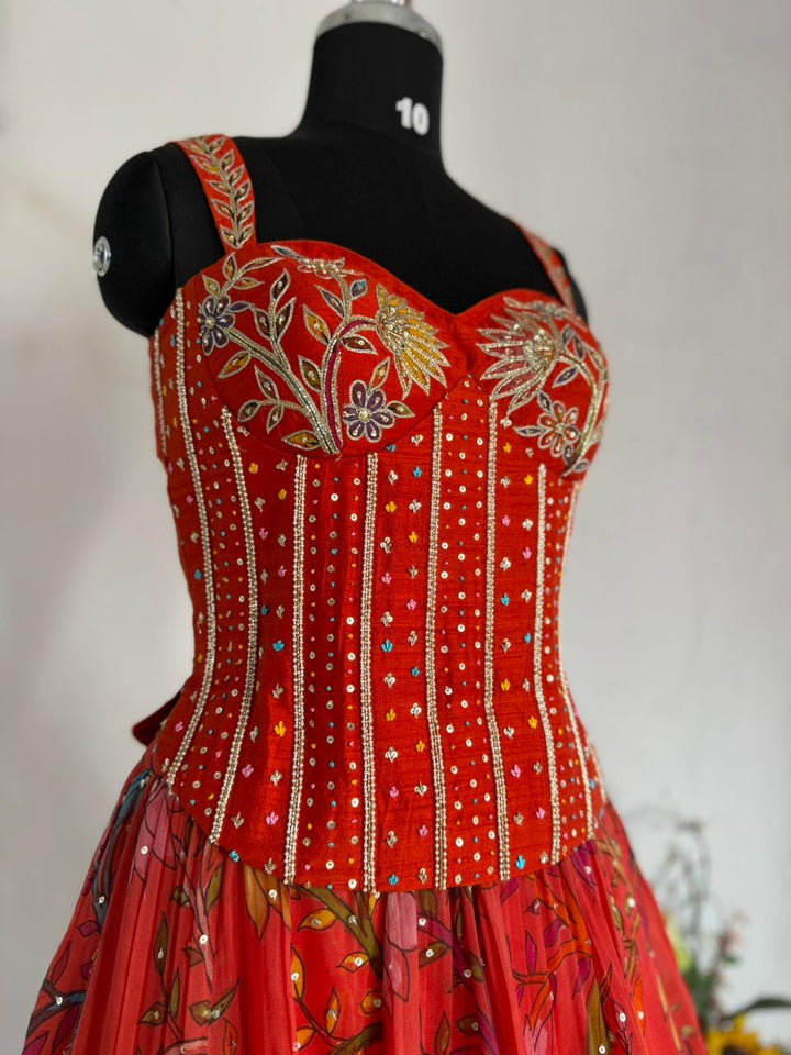 Rust Orange Pen Kalamkari Silk Lehenga