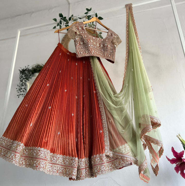 Rust Orange Tissue Lehenga