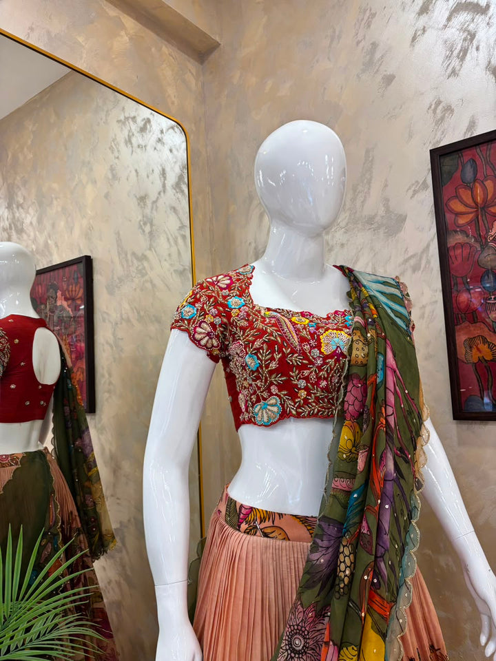 Red & Peach Pen Kalamkari Lehenga