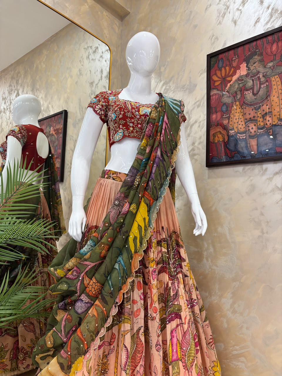 Red & Peach Pen Kalamkari Lehenga