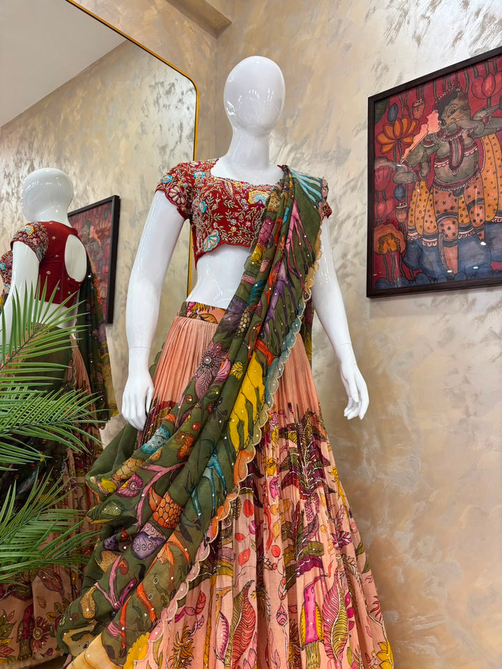 Red & Peach Pen Kalamkari Lehenga