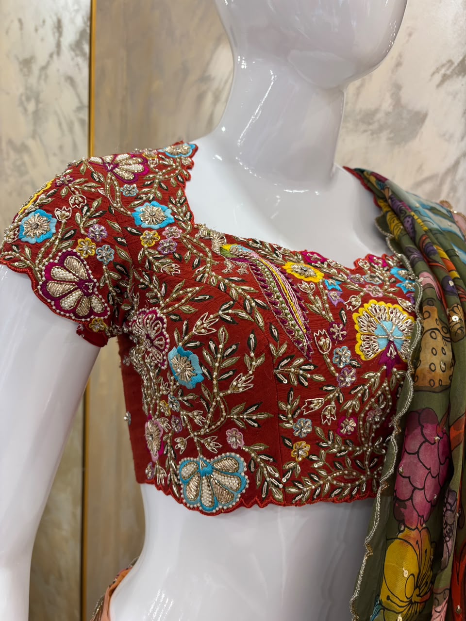 Red & Peach Pen Kalamkari Lehenga