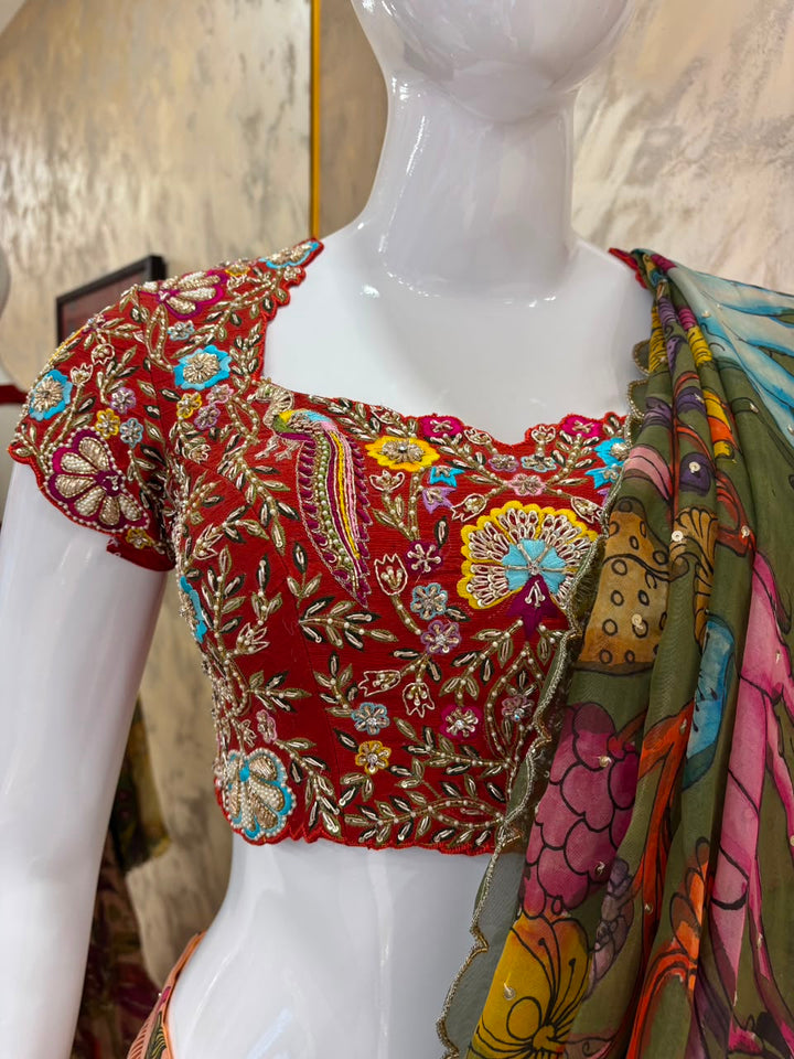 Red & Peach Pen Kalamkari Lehenga