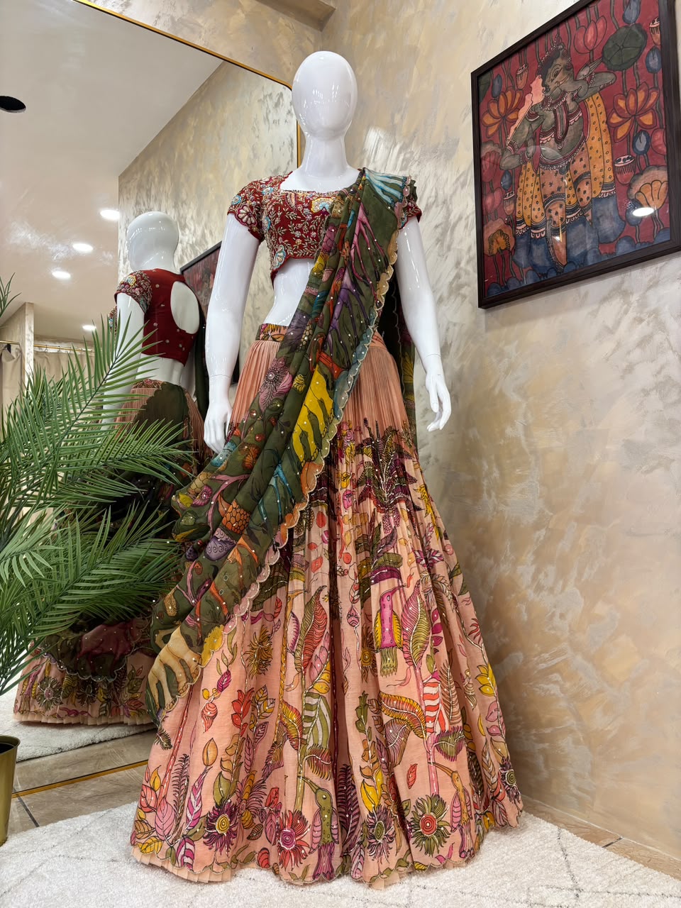 Red & Peach Pen Kalamkari Lehenga