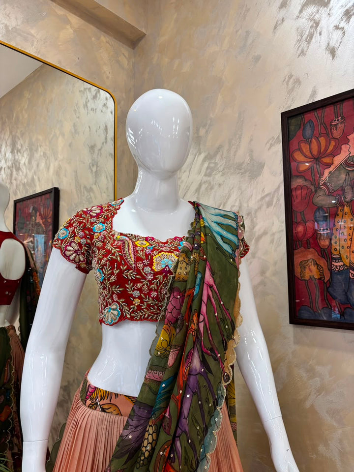 Red & Peach Pen Kalamkari Lehenga
