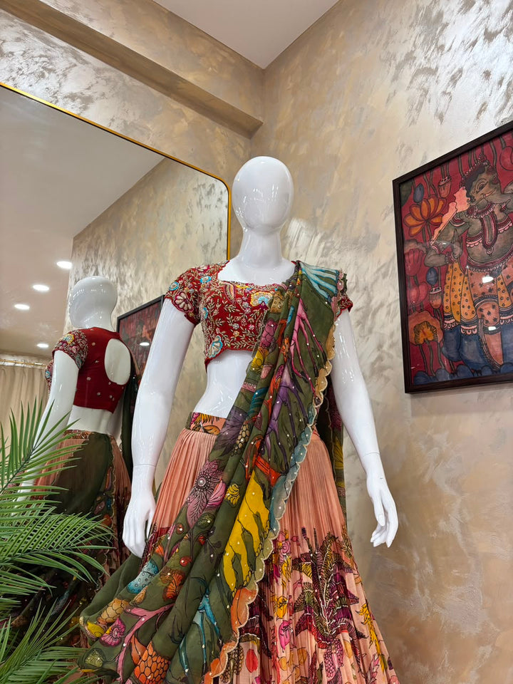 Red & Peach Pen Kalamkari Lehenga