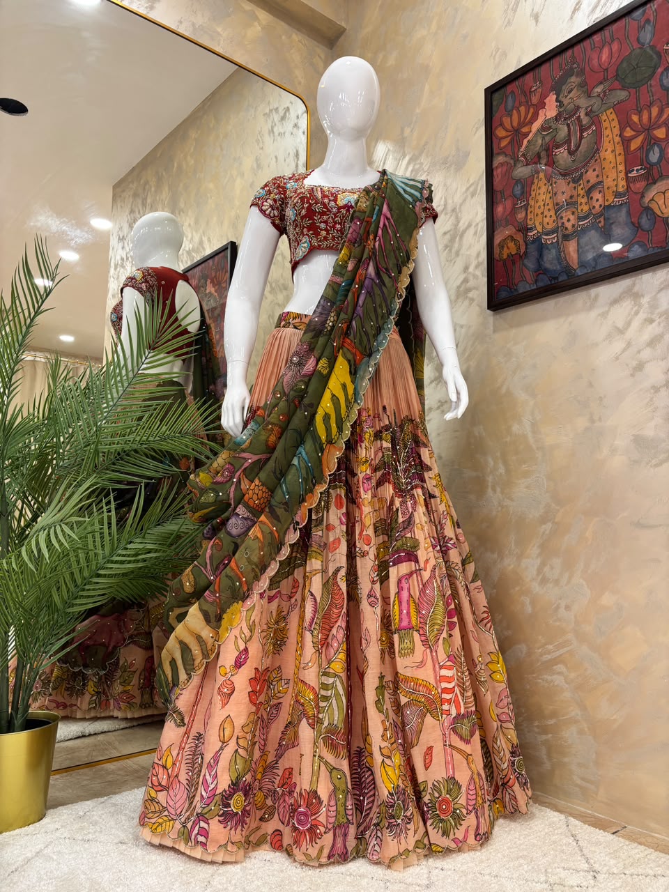 Red & Peach Pen Kalamkari Lehenga