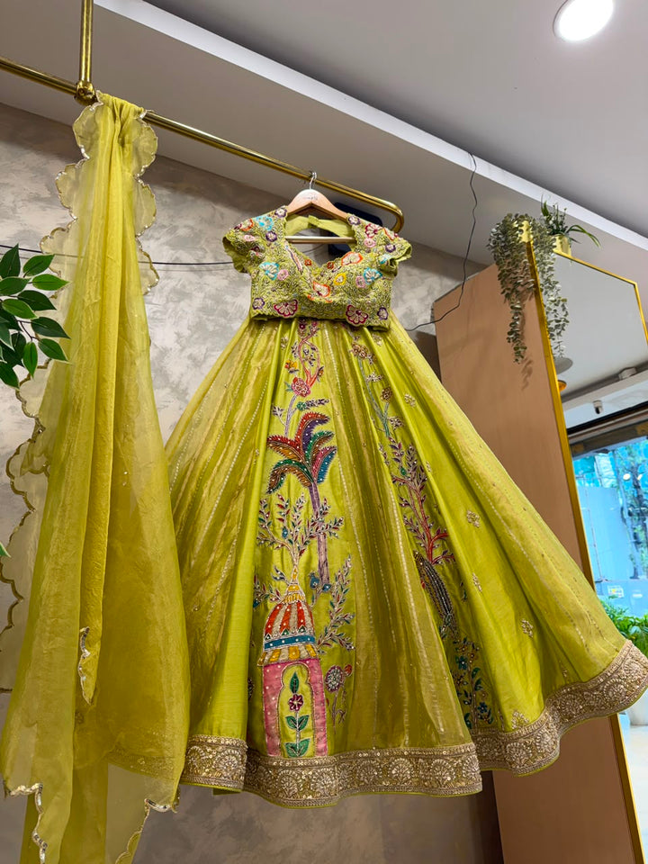 Lime Tissue Silk Lehenga
