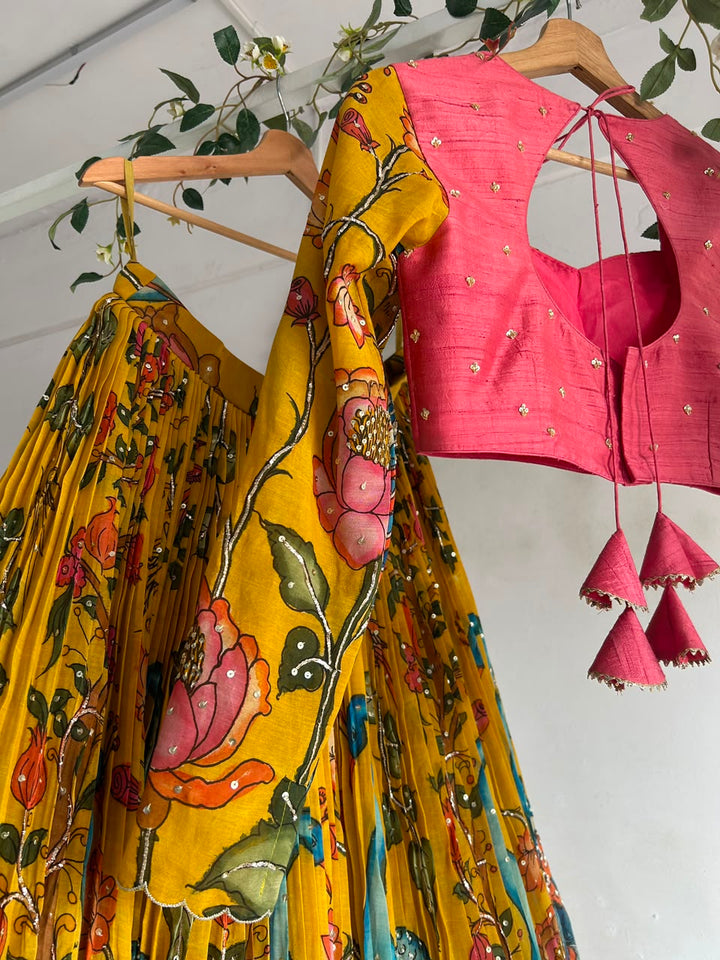 Yellow Pen Kalamkari Lehenga