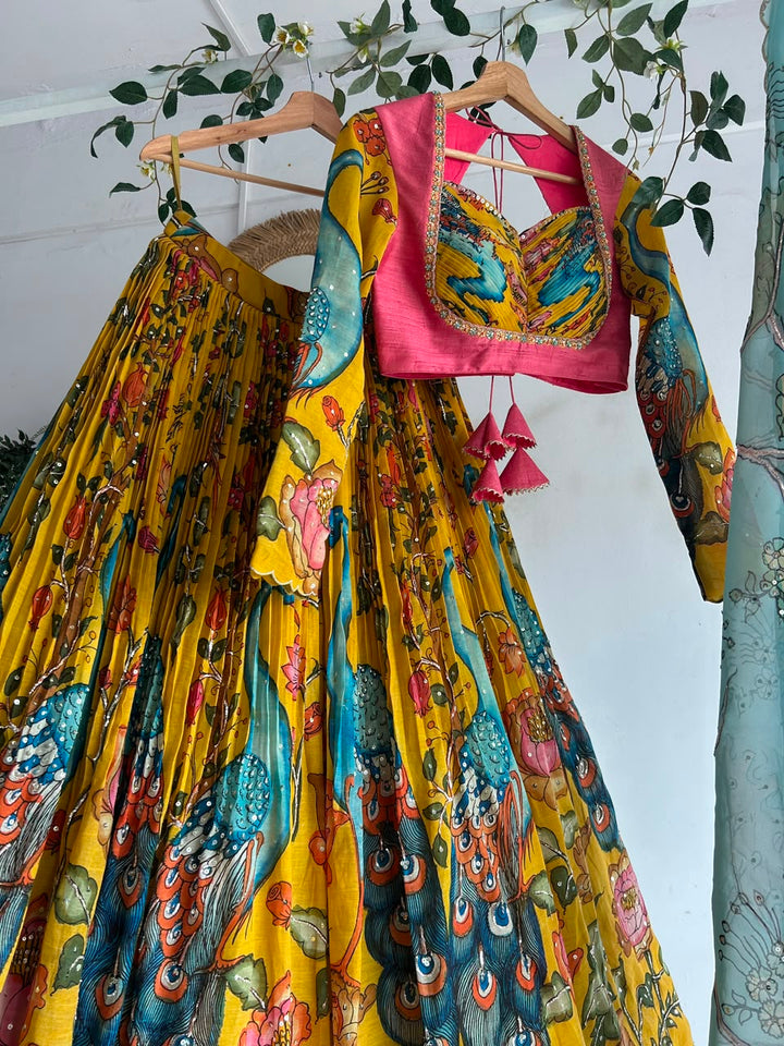 Yellow Pen Kalamkari Lehenga