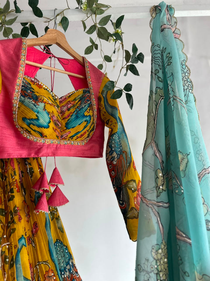 Yellow Pen Kalamkari Lehenga