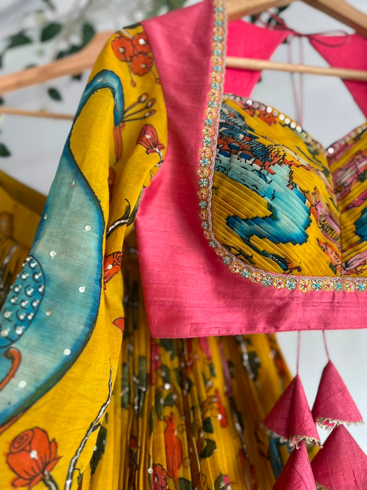 Yellow Pen Kalamkari Lehenga