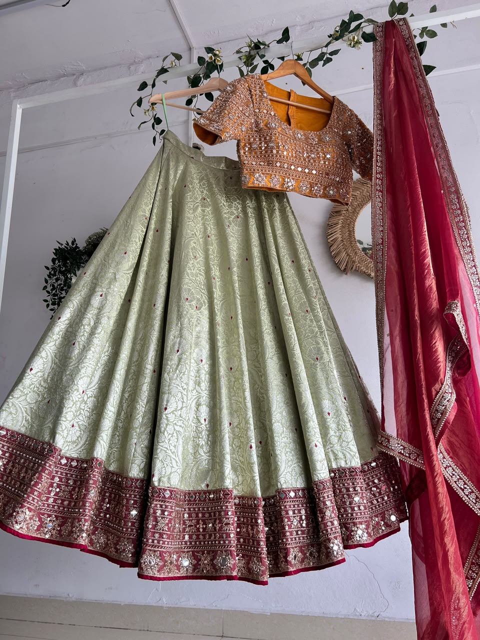 Orange & Green Banaras Silk Lehenga