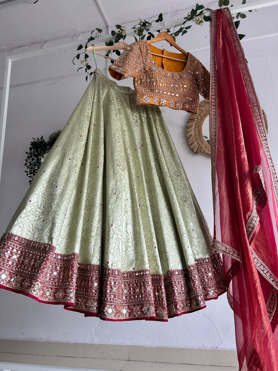 Orange & Green Banaras Silk Lehenga