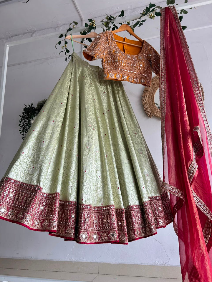 Orange & Green Banaras Silk Lehenga