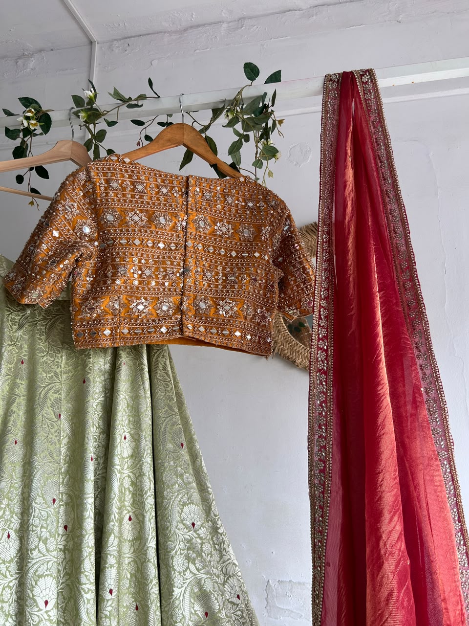 Orange & Green Banaras Silk Lehenga