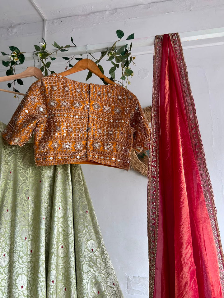 Orange & Green Banaras Silk Lehenga