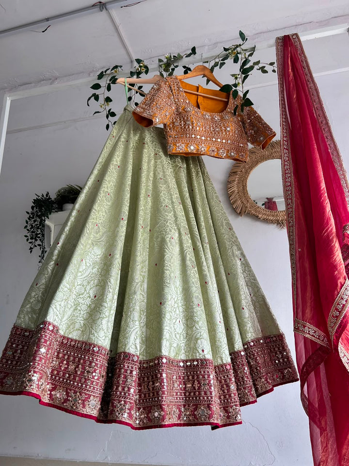 Orange & Green Banaras Silk Lehenga