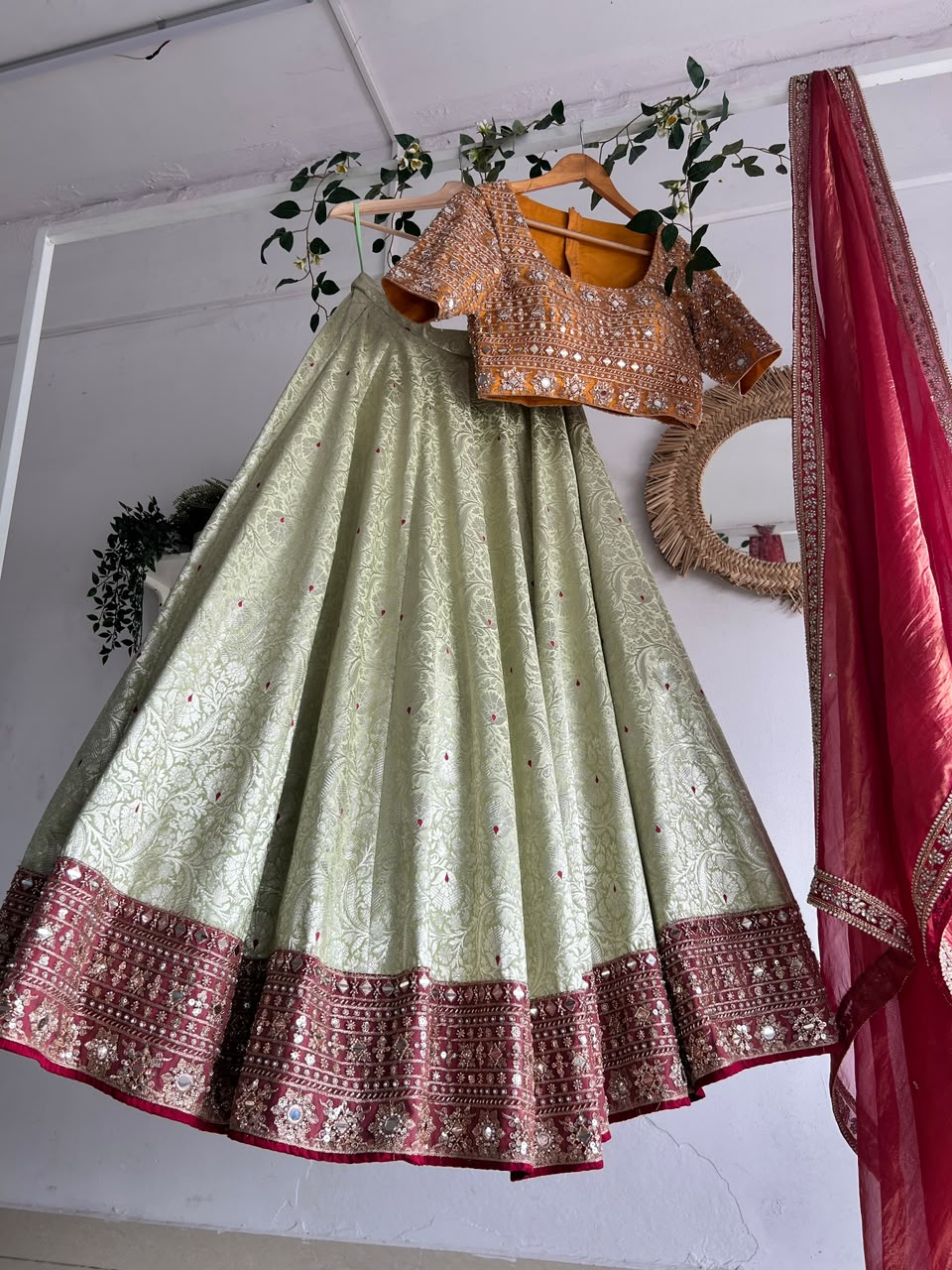 Orange & Green Banaras Silk Lehenga
