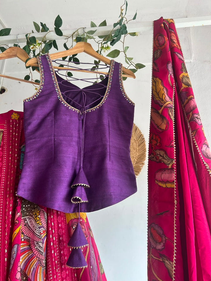 Purple & Magenta Pen Kalamkari Lehenga